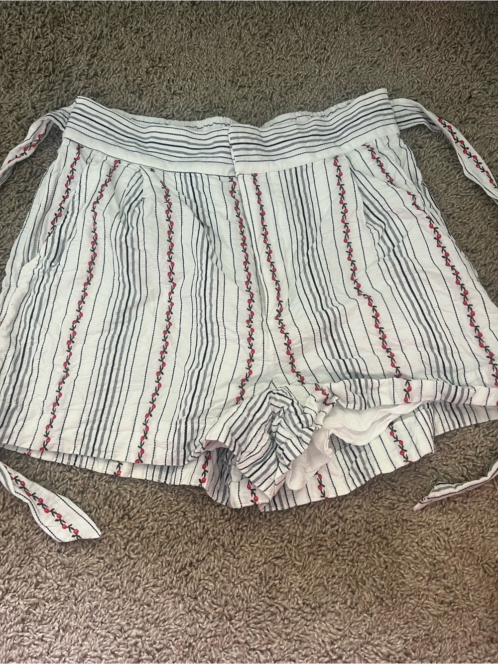 Draper James White Stripe Embroidered Tie-Waist High-Rise Shorts